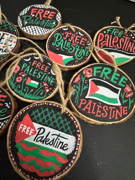 One-of-a-Kind Hand Painted "Free Palestine" Wooden Ornaments - ALL PROCEEDS TO GAZA
